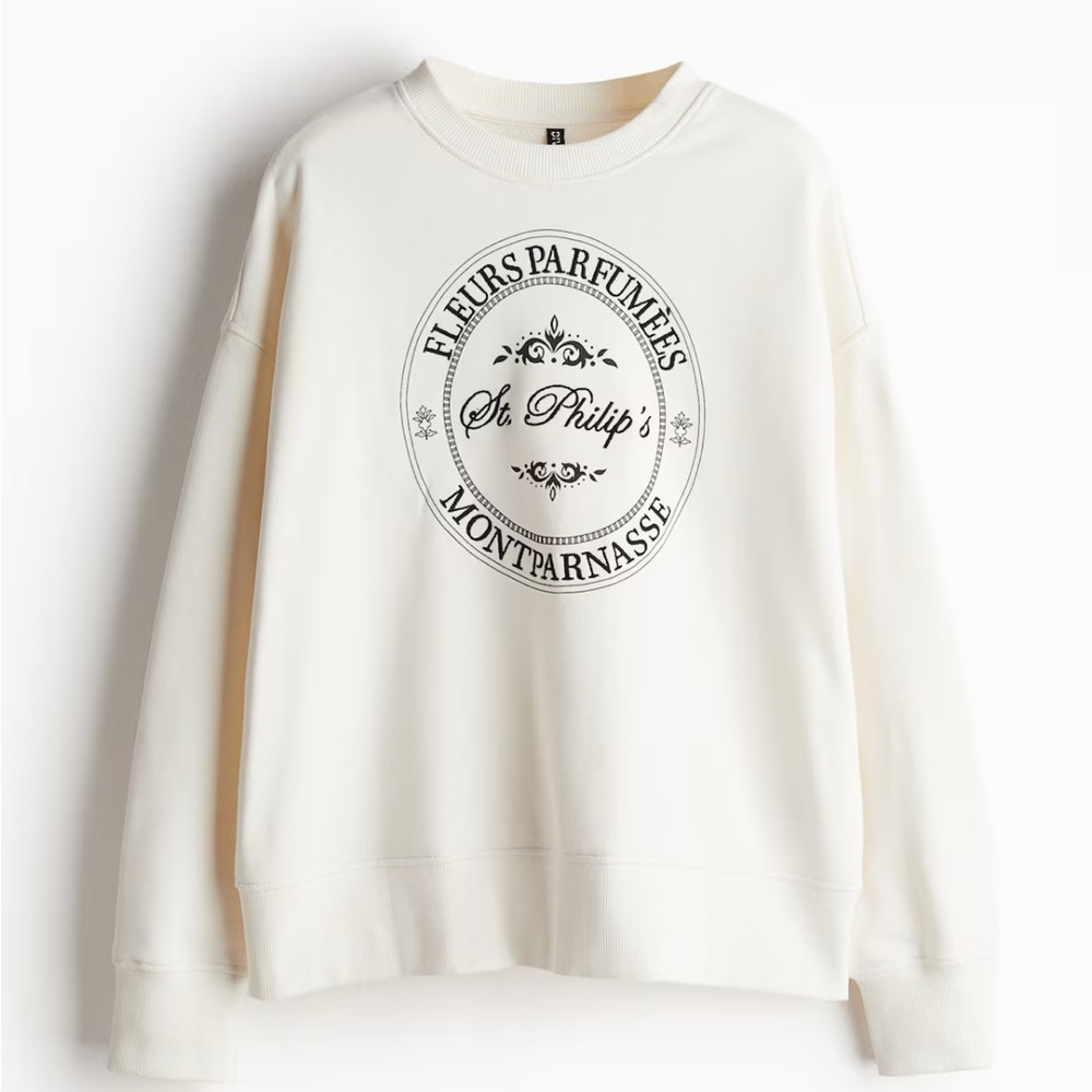 H&M Cream Graphic Crew Neck Sweatshirt